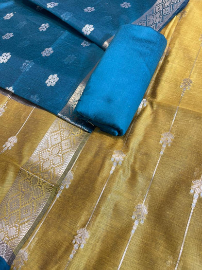 Mustard Gold Maheshwari Cotton Stripe Zari Banarasi Suit with Contrast Seagreen Dupatta 575DAN_MAH2
