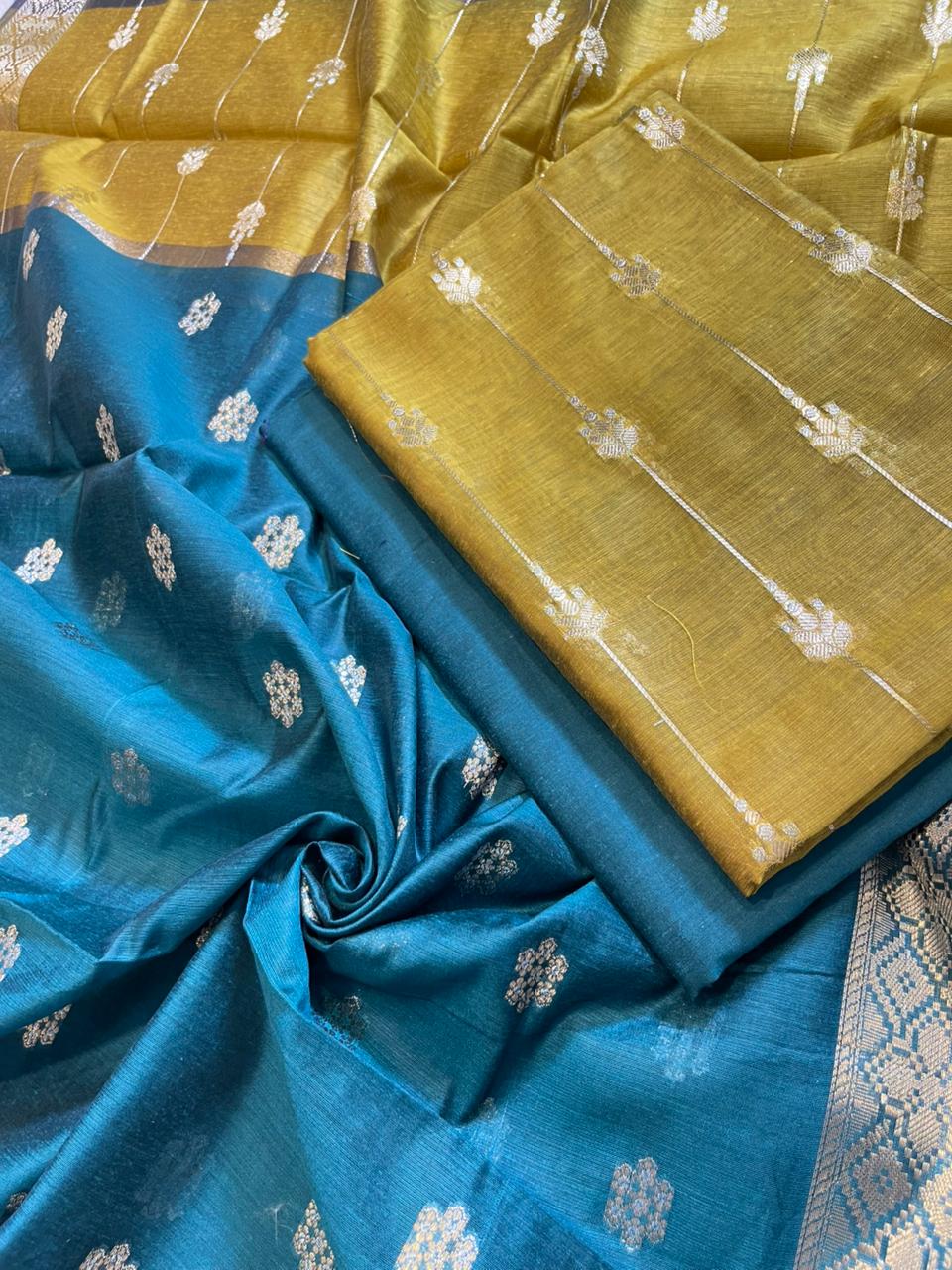 Mustard Gold Maheshwari Cotton Stripe Zari Banarasi Suit with Contrast Seagreen Dupatta 575DAN_MAH2