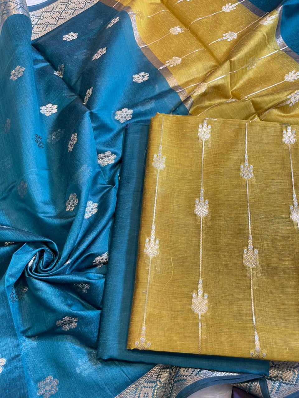Mustard Gold Maheshwari Cotton Stripe Zari Banarasi Suit with Contrast Seagreen Dupatta 575DAN_MAH2