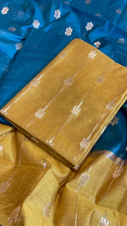 Mustard Gold Maheshwari Cotton Stripe Zari Banarasi Suit with Contrast Seagreen Dupatta 575DAN_MAH2