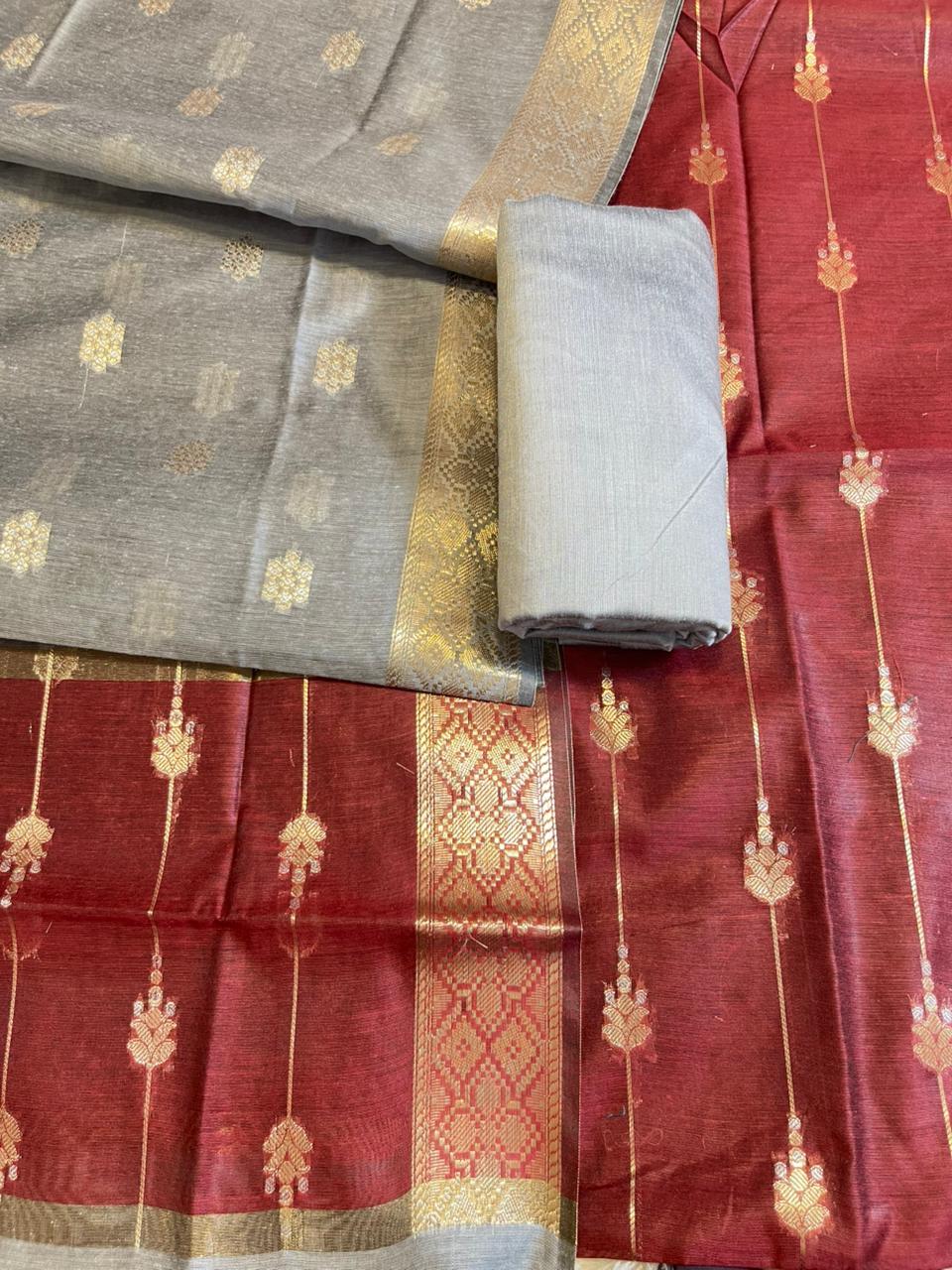 Maroon Maheshwari Cotton Stripe Zari Banarasi Suit with Contrast Grey Dupatta 575DAN_MAH3