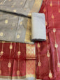Maroon Maheshwari Cotton Stripe Zari Banarasi Suit with Contrast Grey Dupatta 575DAN_MAH3