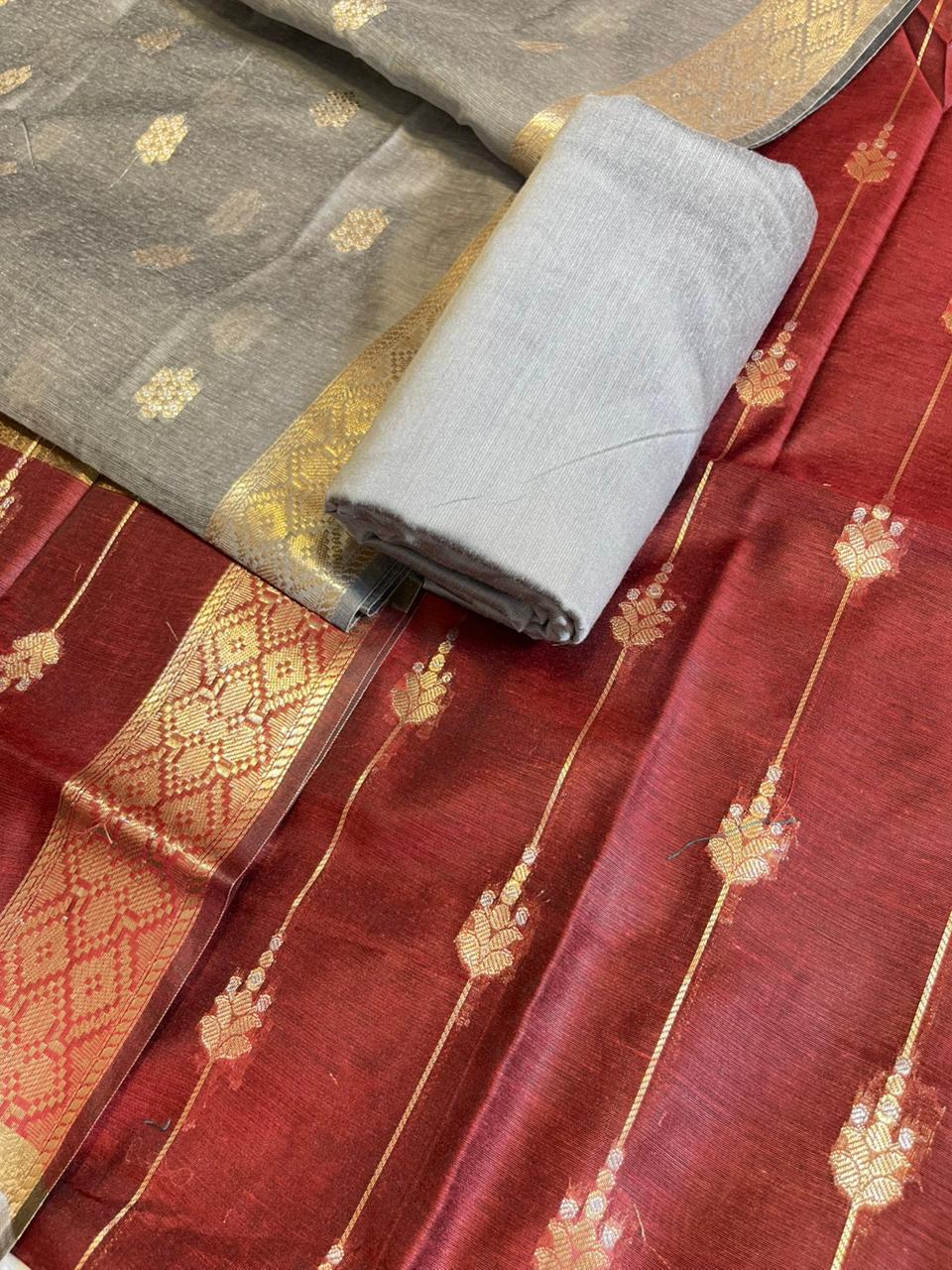 Maroon Maheshwari Cotton Stripe Zari Banarasi Suit with Contrast Grey Dupatta 575DAN_MAH3