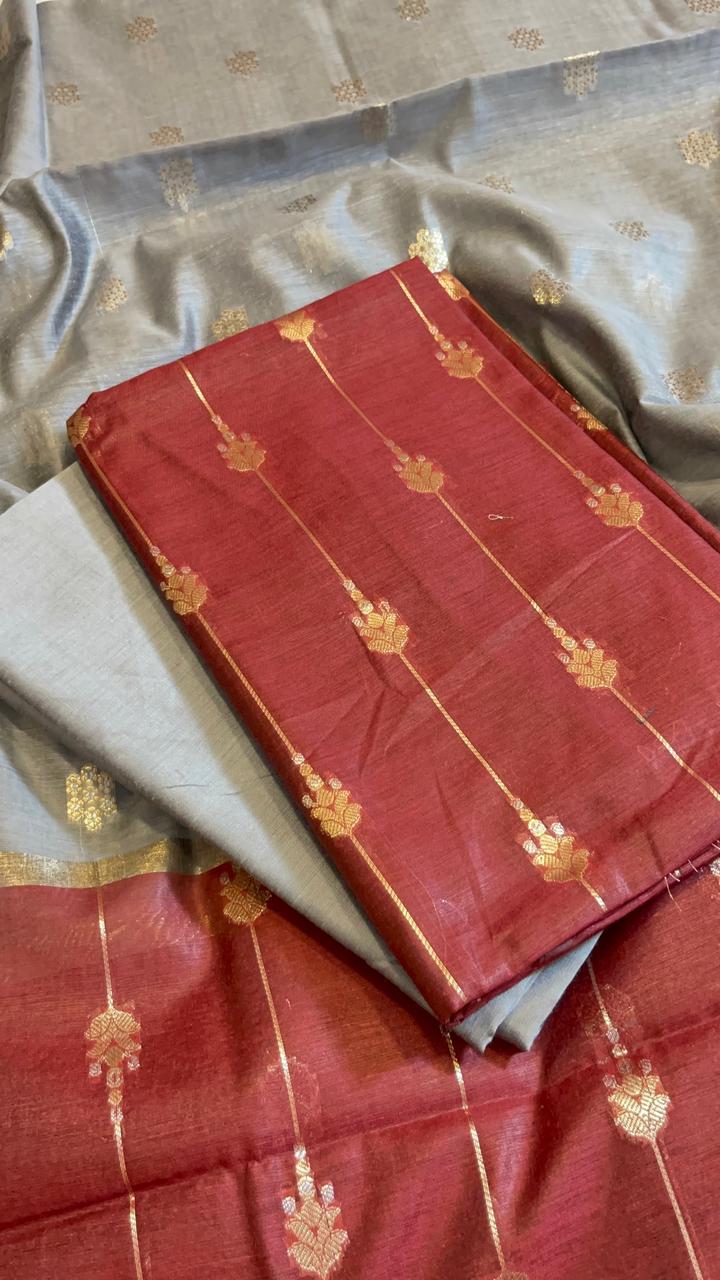 Maroon Maheshwari Cotton Stripe Zari Banarasi Suit with Contrast Grey Dupatta 575DAN_MAH3