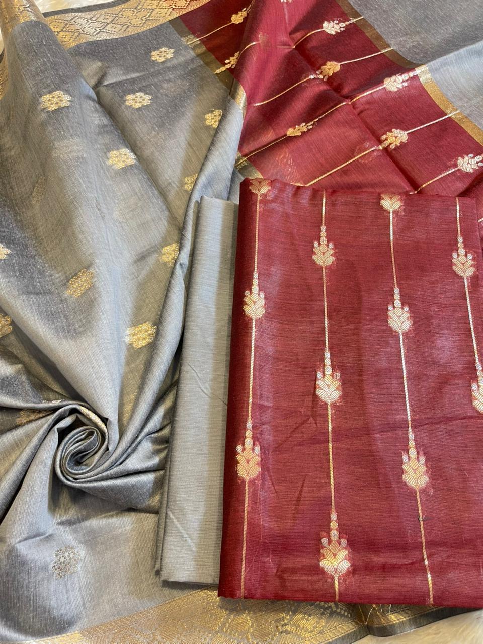 Maroon Maheshwari Cotton Stripe Zari Banarasi Suit with Contrast Grey Dupatta 575DAN_MAH3