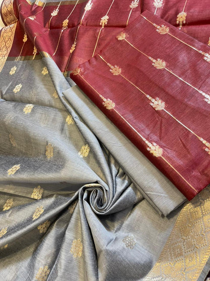 Maroon Maheshwari Cotton Stripe Zari Banarasi Suit with Contrast Grey Dupatta 575DAN_MAH3