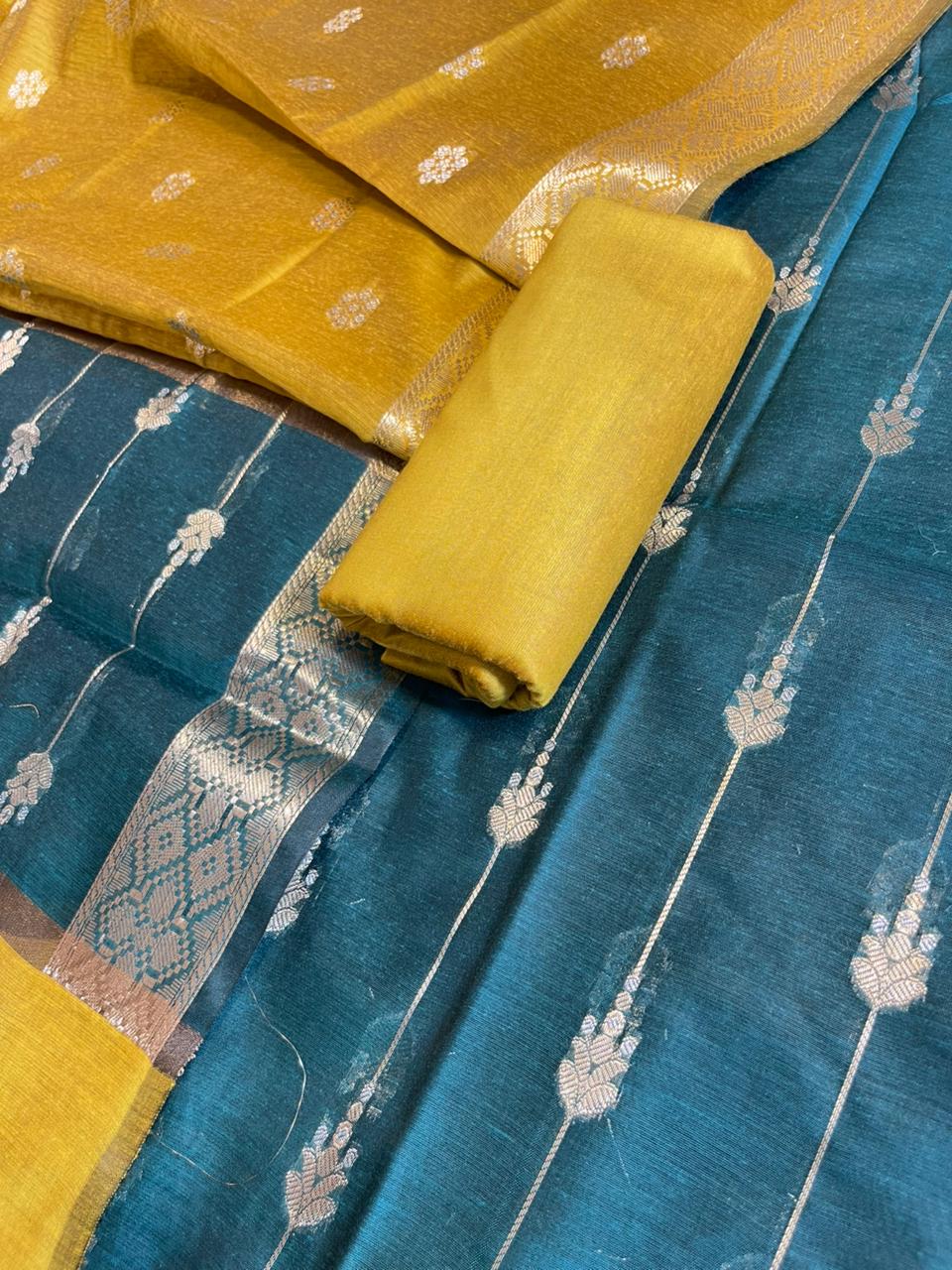 Seagreen Maheshwari Cotton Stripe Zari Banarasi Suit with Contrast Mustard Gold Dupatta 575DAN_MAH4