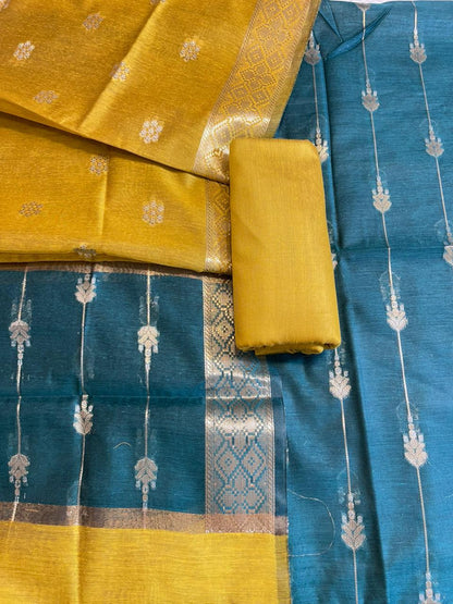 Seagreen Maheshwari Cotton Stripe Zari Banarasi Suit with Contrast Mustard Gold Dupatta 575DAN_MAH4