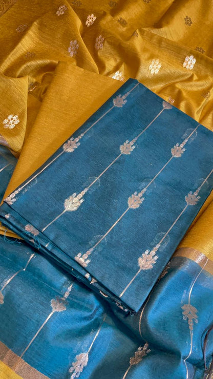 Seagreen Maheshwari Cotton Stripe Zari Banarasi Suit with Contrast Mustard Gold Dupatta 575DAN_MAH4