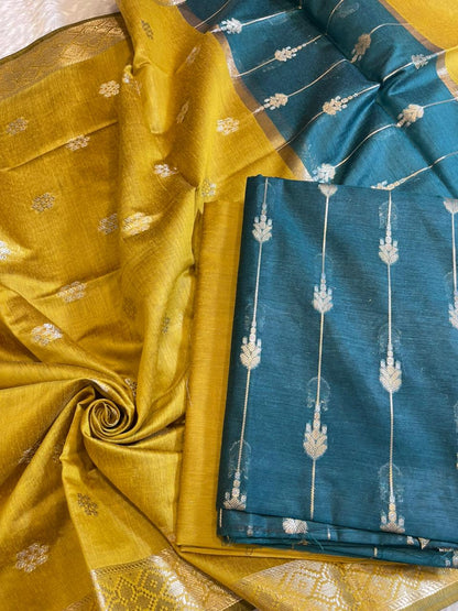 Seagreen Maheshwari Cotton Stripe Zari Banarasi Suit with Contrast Mustard Gold Dupatta 575DAN_MAH4
