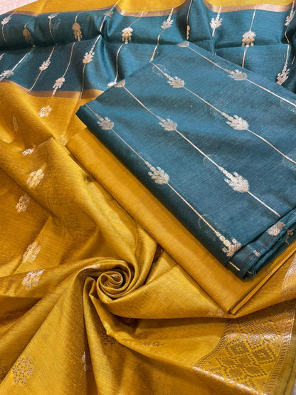 Seagreen Maheshwari Cotton Stripe Zari Banarasi Suit with Contrast Mustard Gold Dupatta 575DAN_MAH4