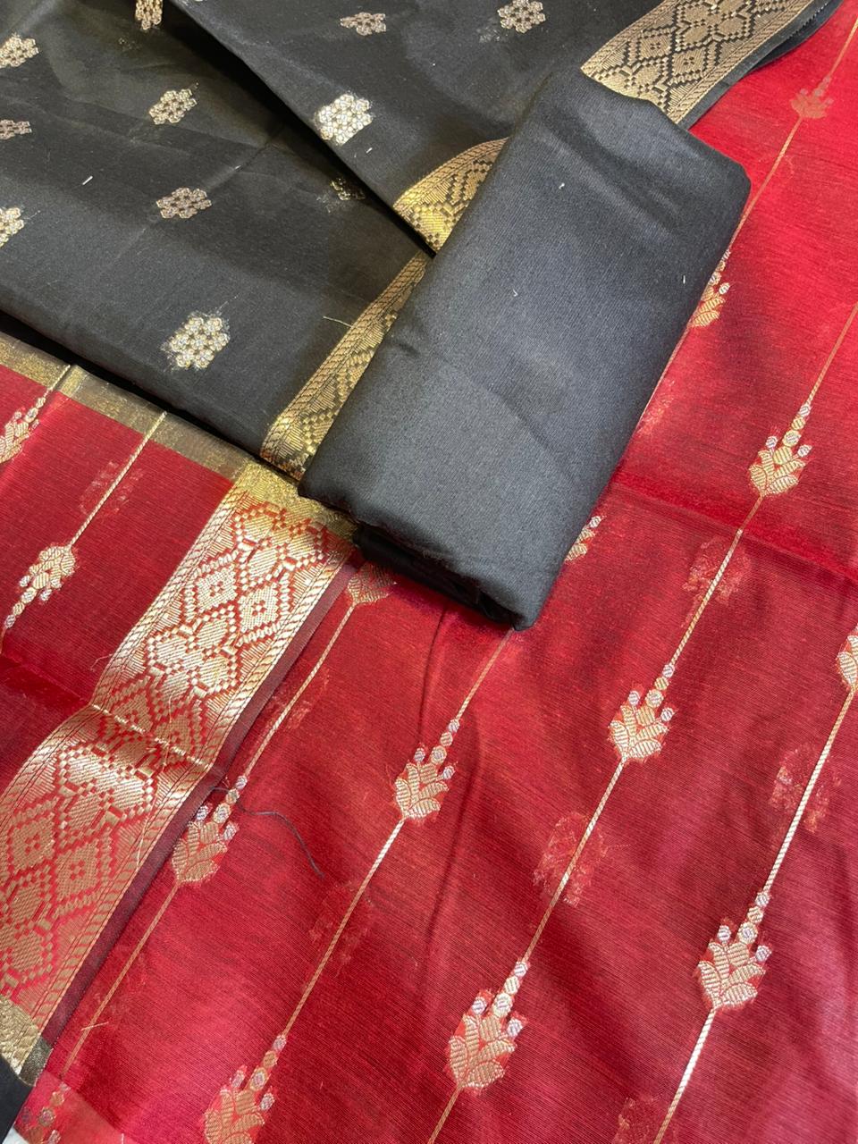Red Maheshwari Cotton Stripe Zari Banarasi Suit with Contrast Black Dupatta 575DAN_MAH5