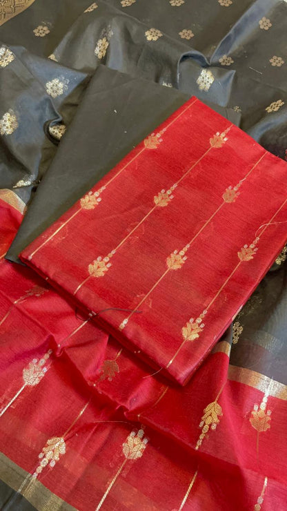 Red Maheshwari Cotton Stripe Zari Banarasi Suit with Contrast Black Dupatta 575DAN_MAH5
