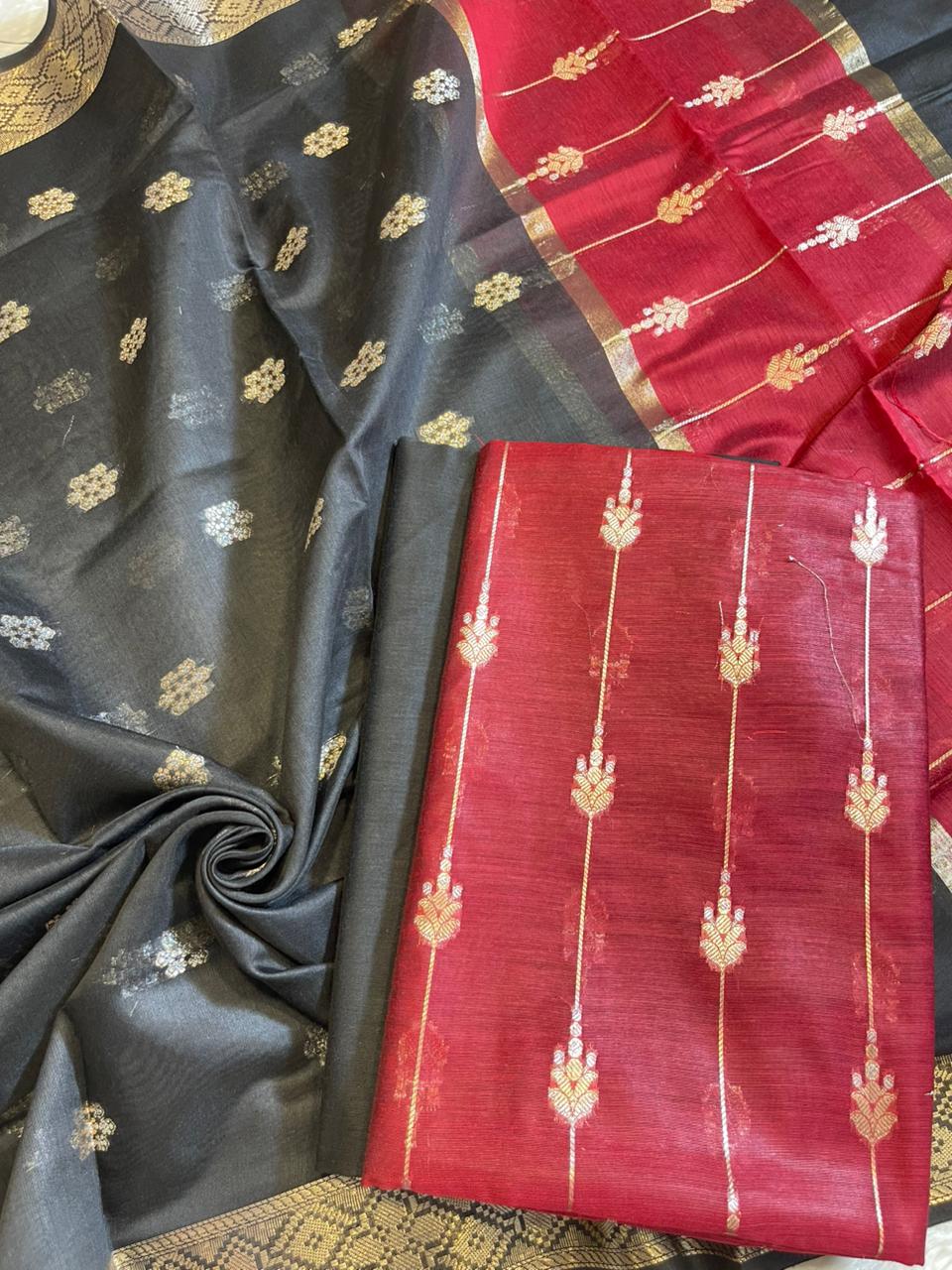 Red Maheshwari Cotton Stripe Zari Banarasi Suit with Contrast Black Dupatta 575DAN_MAH5