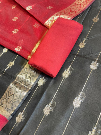 Red Maheshwari Cotton Stripe Zari Banarasi Suit with Contrast Black Dupatta 575DAN_MAH5