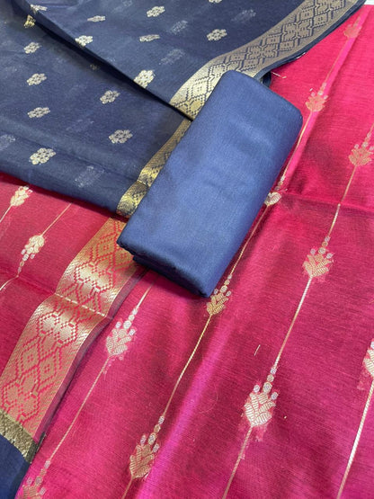 Magenta Maheshwari Cotton Stripe Zari Banarasi Suit with Contrast Navy Blue Dupatta 575DAN_MAH6