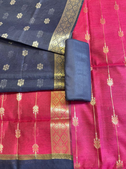 Magenta Maheshwari Cotton Stripe Zari Banarasi Suit with Contrast Navy Blue Dupatta 575DAN_MAH6