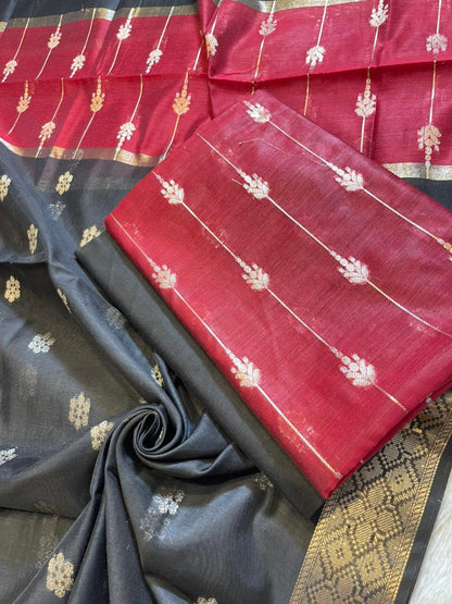 Magenta Maheshwari Cotton Stripe Zari Banarasi Suit with Contrast Navy Blue Dupatta 575DAN_MAH6