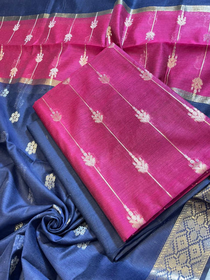 Magenta Maheshwari Cotton Stripe Zari Banarasi Suit with Contrast Navy Blue Dupatta 575DAN_MAH6