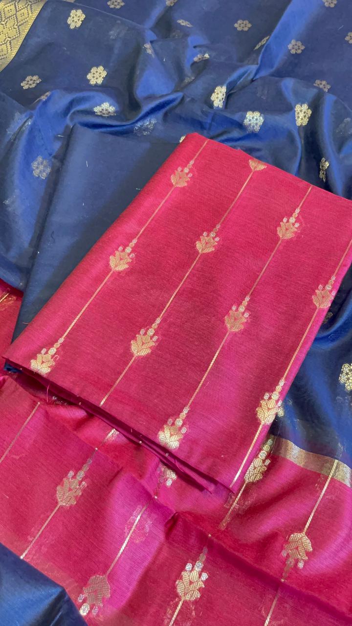 Magenta Maheshwari Cotton Stripe Zari Banarasi Suit with Contrast Navy Blue Dupatta 575DAN_MAH6