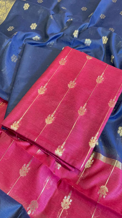 Magenta Maheshwari Cotton Stripe Zari Banarasi Suit with Contrast Navy Blue Dupatta 575DAN_MAH6