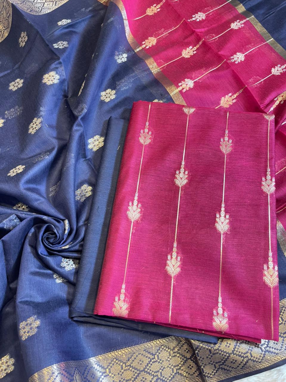 Magenta Maheshwari Cotton Stripe Zari Banarasi Suit with Contrast Navy Blue Dupatta 575DAN_MAH6