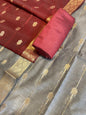 Grey Maheshwari Cotton Stripe Zari Banarasi Suit with Contrast Maroon Dupatta 575DAN_MAH7