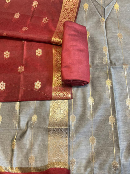 Grey Maheshwari Cotton Stripe Zari Banarasi Suit with Contrast Maroon Dupatta 575DAN_MAH7