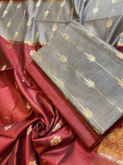 Grey Maheshwari Cotton Stripe Zari Banarasi Suit with Contrast Maroon Dupatta 575DAN_MAH7