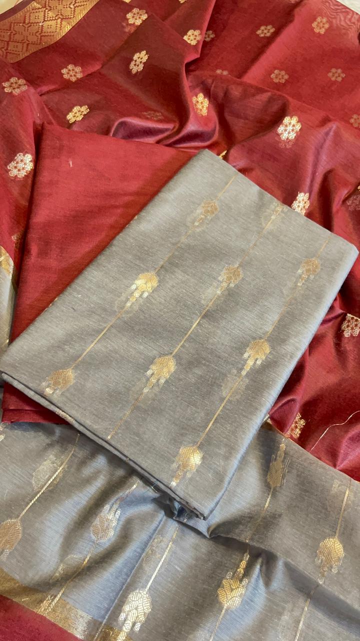 Grey Maheshwari Cotton Stripe Zari Banarasi Suit with Contrast Maroon Dupatta 575DAN_MAH7