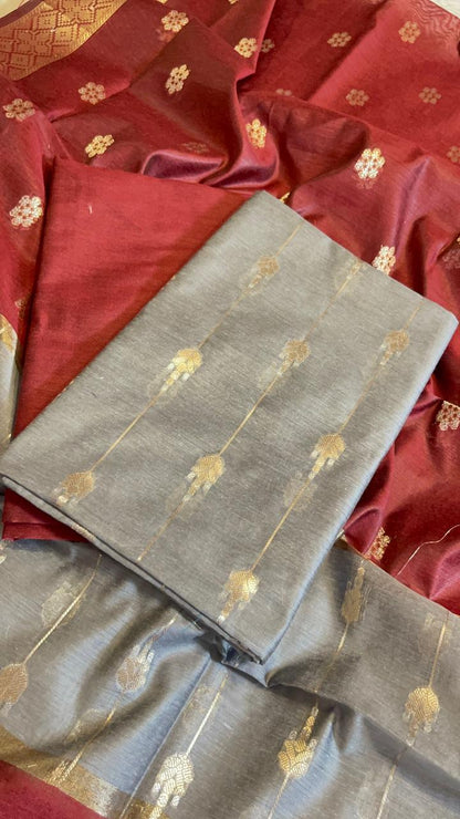 Grey Maheshwari Cotton Stripe Zari Banarasi Suit with Contrast Maroon Dupatta 575DAN_MAH7