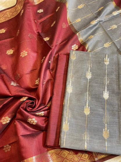 Grey Maheshwari Cotton Stripe Zari Banarasi Suit with Contrast Maroon Dupatta 575DAN_MAH7