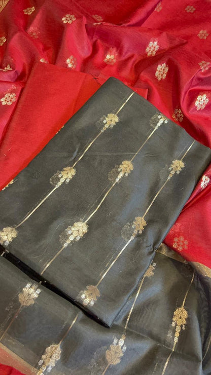 Black Maheshwari Cotton Stripe Zari Banarasi Suit with Contrast Red Dupatta 575DAN_MAH8