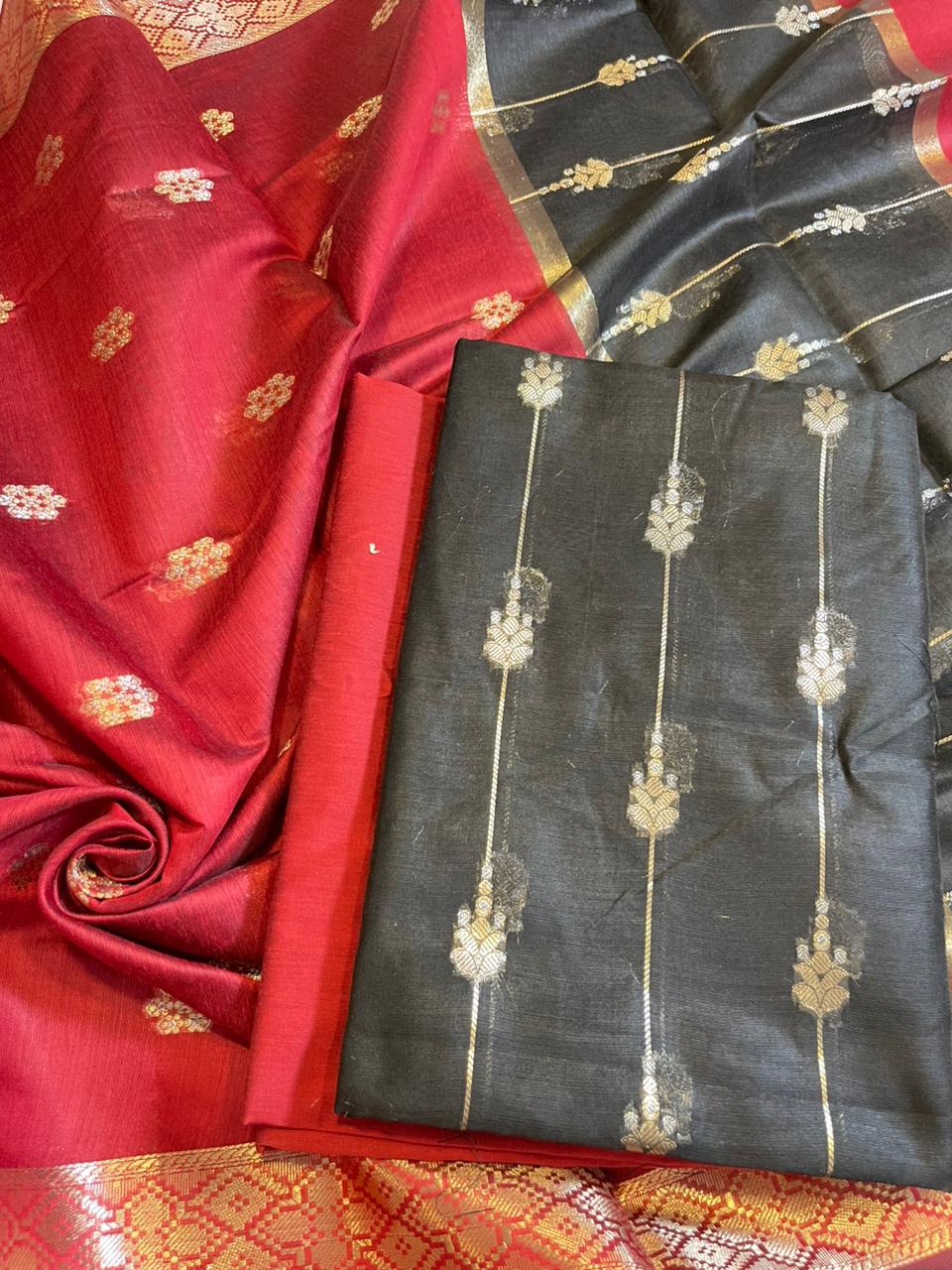 Black Maheshwari Cotton Stripe Zari Banarasi Suit with Contrast Red Dupatta 575DAN_MAH8