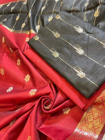 Black Maheshwari Cotton Stripe Zari Banarasi Suit with Contrast Red Dupatta 575DAN_MAH8