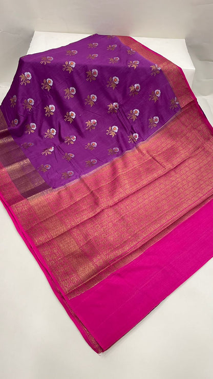 Faishana Pure Silk Handloom Purple Muga Silk Zari Mina Floral Booti Contrast Magenta Anchal Copper Zari Border Banarasi Saree with Magenta Blouse