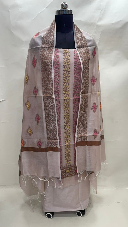 Faishana Presents Light Purple Cotton Resham Copper Zari 3pcs Suit Set accompanied with Plain Bottom and Top Copper Zari Cotton Jaal Stripe with  Light Purple Booti Dupatta