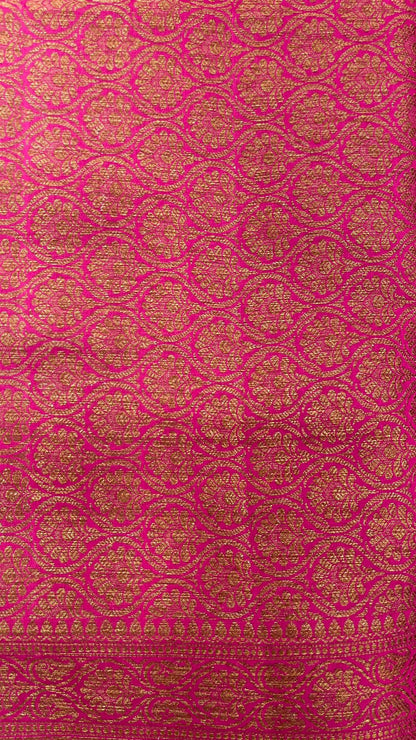 Faishana Pure Silk Handloom Red Muga Silk Zari Mina Floral Booti Contrast Magenta Anchal Copper Zari Border Banarasi Saree with Magenta Blouse
