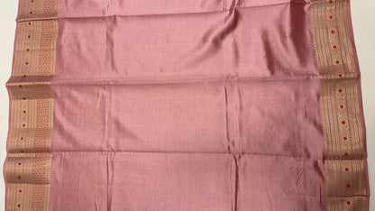 Regal Elegance: Faishana's Pure Silk Handloom Muave Chiniya Silk Gold Floral Zari Booti with Minakari Zari Border Saree and Mauve Blouse