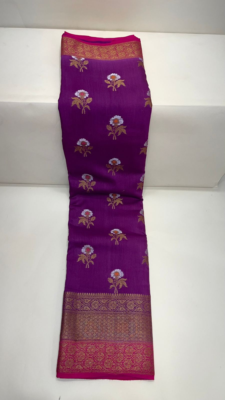 Faishana Pure Silk Handloom Purple Muga Silk Zari Mina Floral Booti Contrast Magenta Anchal Copper Zari Border Banarasi Saree with Magenta Blouse