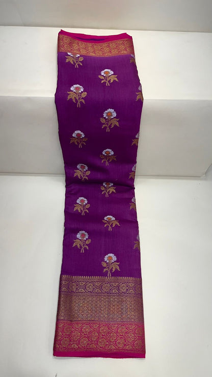 Faishana Pure Silk Handloom Purple Muga Silk Zari Mina Floral Booti Contrast Magenta Anchal Copper Zari Border Banarasi Saree with Magenta Blouse
