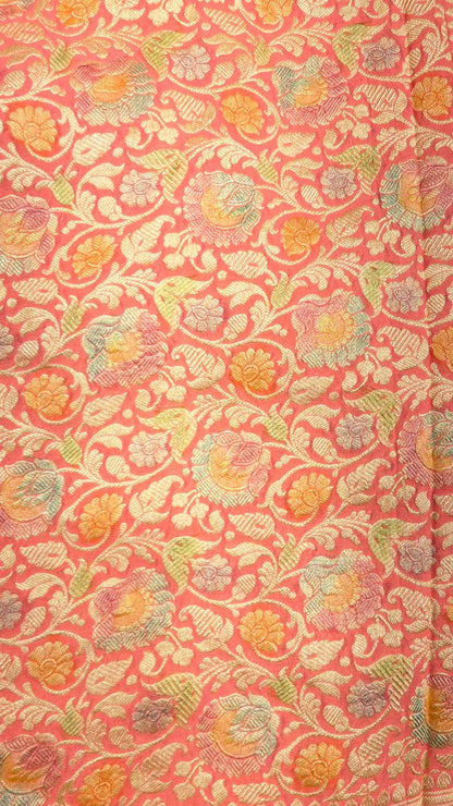 Radiant Threads: Faishana's Pure Silk Handloom Orange Khaddi Georgette Hand Brush Floral Zari Kadhwa Jaal with Banarasi Zari Border with an Orange Blouse