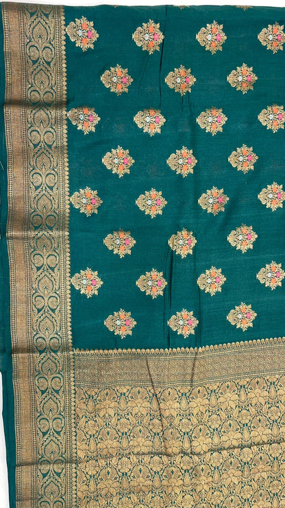 Emerald Elegance: Faishana Pure Silk Handloom Dark Green Munga Silk Minakari Zari Boota Banarasi Saree paired with Dark Green Blouse