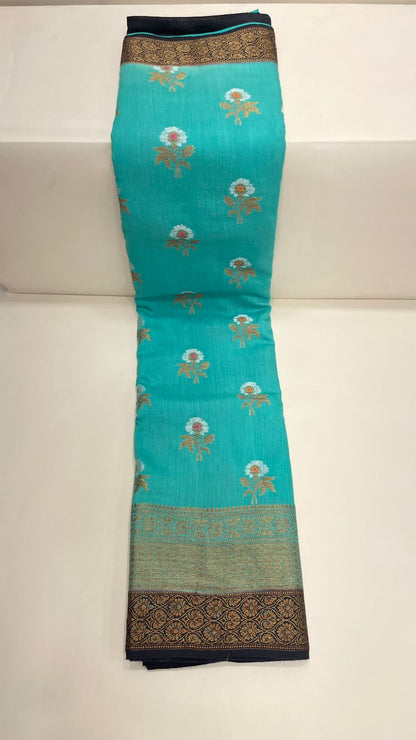 Faishana Pure Silk Handloom Sea Green Muga Silk Zari Mina Floral Booti Contrast Navy Blue Anchal Copper Zari Border Banarasi Saree with Navy Blouse