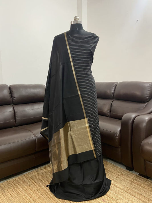 Black Cotton Silk Stripe Zari Patti Banarasi 3 pcs Suit Set 600SKL_CS6