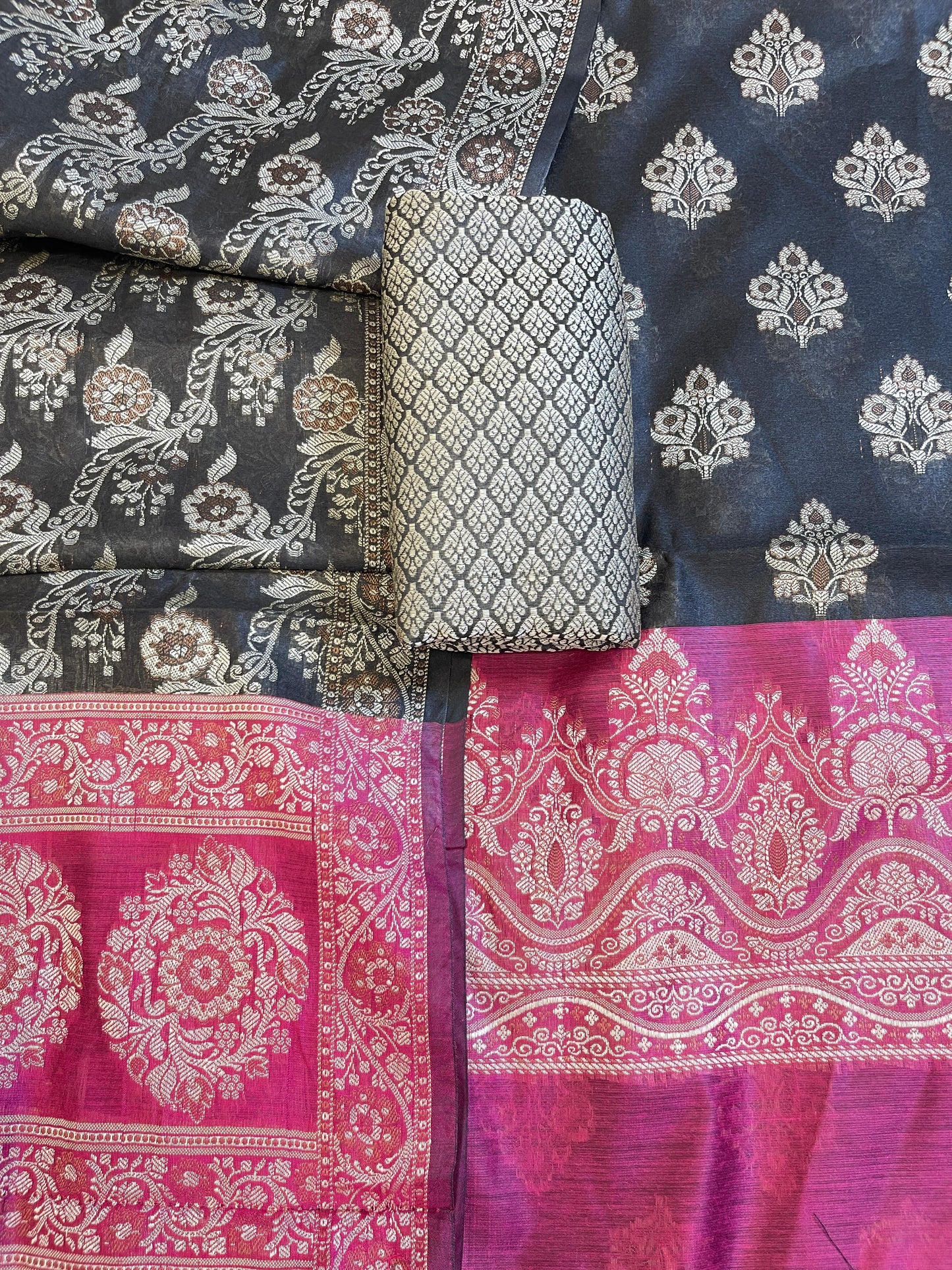 Black Cotton Alfi Resham Floral Boota Contrast Magenta Border Banarasi Suit 600AJ_PJS10