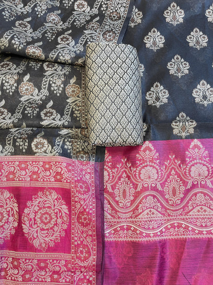 Black Cotton Alfi Resham Floral Boota Contrast Magenta Border Banarasi Suit 600AJ_PJS10