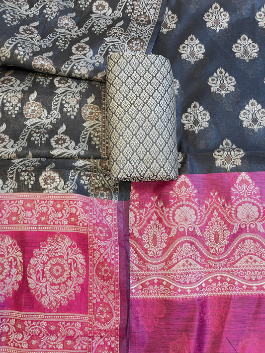 Black Cotton Alfi Resham Floral Boota Contrast Magenta Border Banarasi Suit 600AJ_PJS10