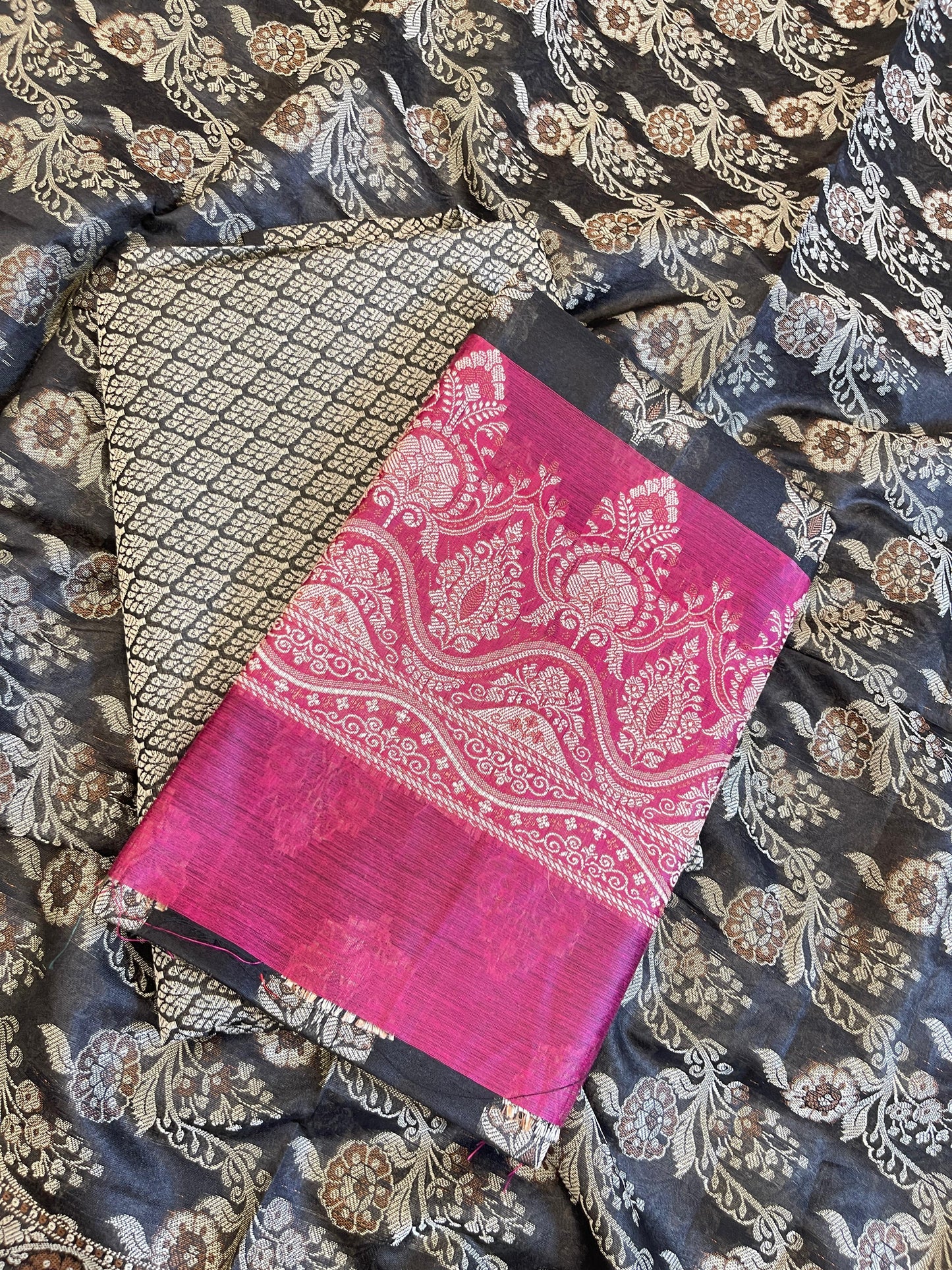 Black Cotton Alfi Resham Floral Boota Contrast Magenta Border Banarasi Suit 600AJ_PJS10