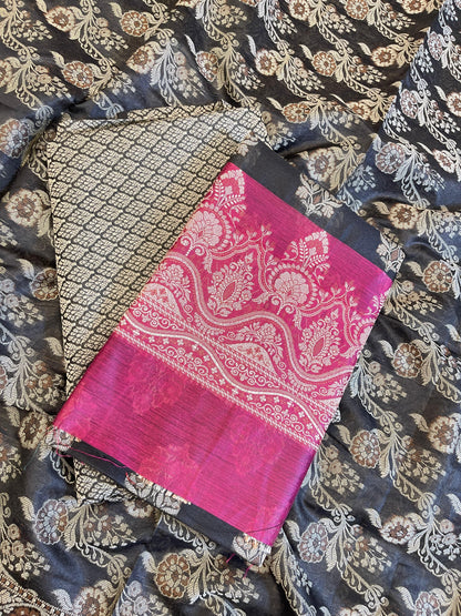 Black Cotton Alfi Resham Floral Boota Contrast Magenta Border Banarasi Suit 600AJ_PJS10